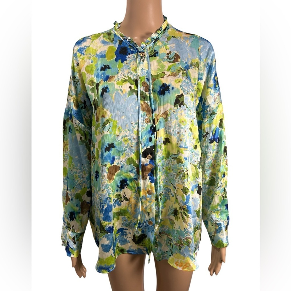 Zara Multicolor Floral Blue & Green Button-Front Blouse size M